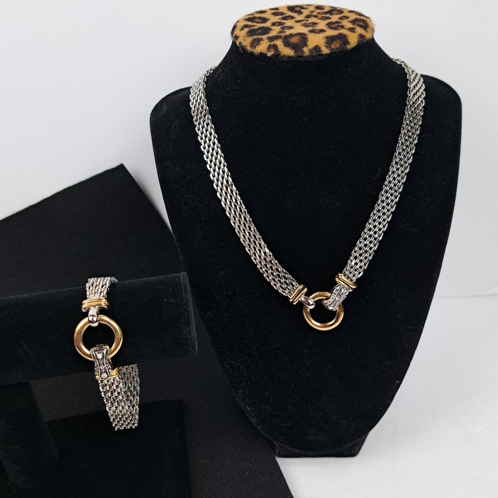 Mesh Chain Necklace & Bracelet Set with Donut Pendant Silver & Gold Tone